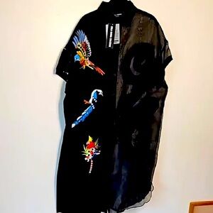 Authentic STELLA MARINA COLLEZIONE Free Size Black Mesh Ruffle Bird Embroidery.